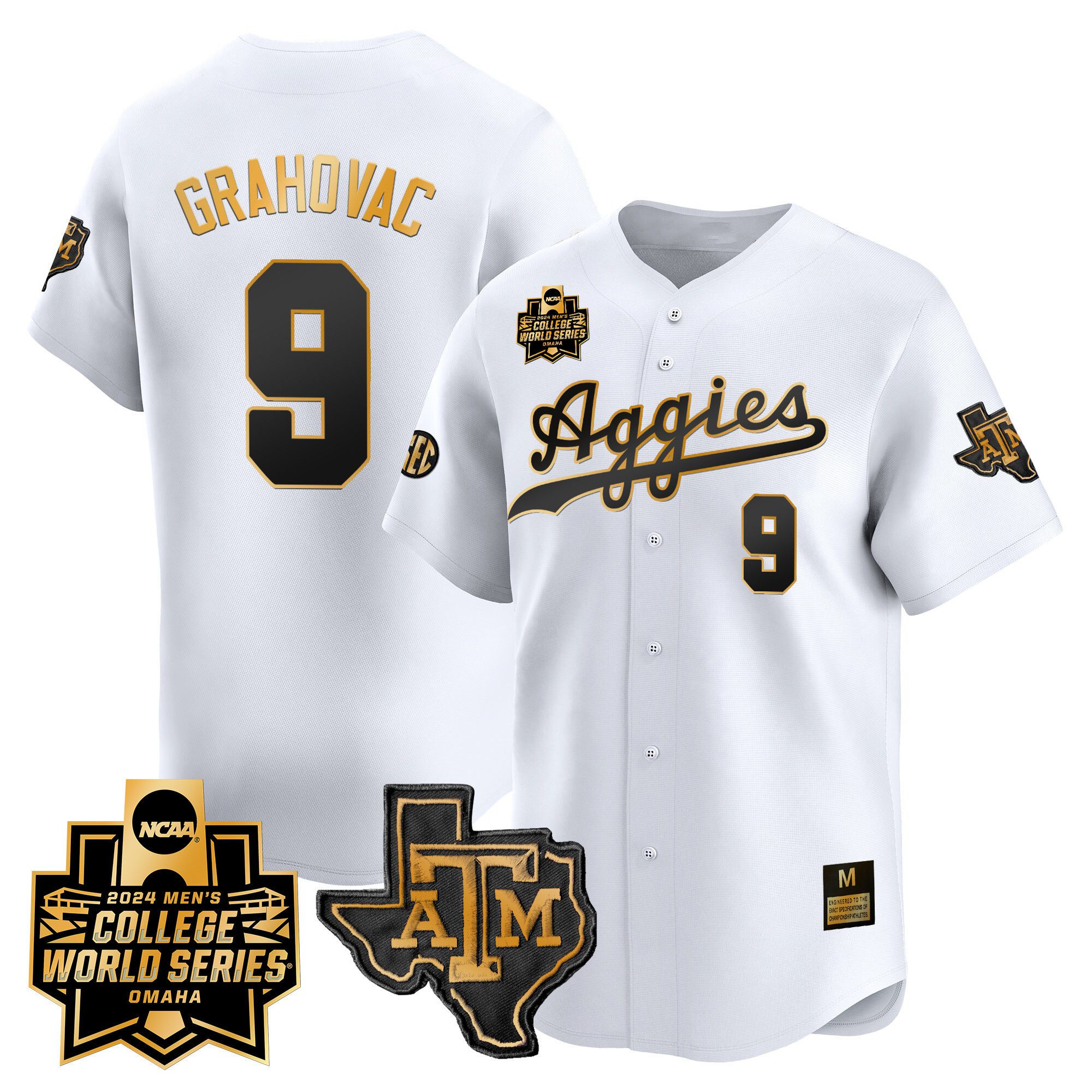 Men Texas A&M Aggies #9 Grahovac White 2024 College World Series Vapor Premier Limited NCAA Jersey style 1